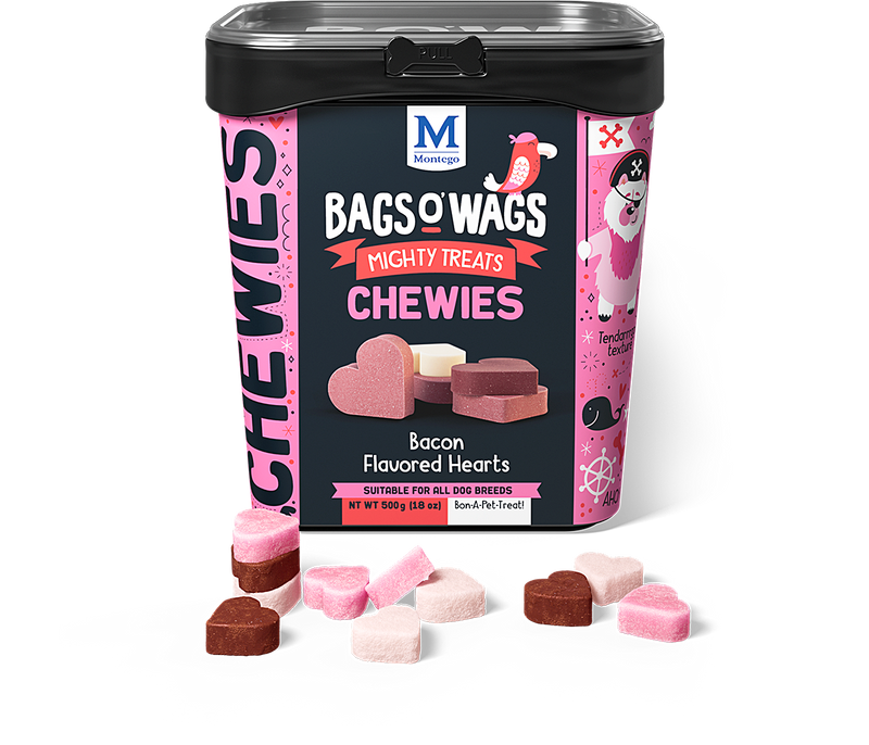 Bags O' Wags Chewies:  Bacon Flavored Hearts