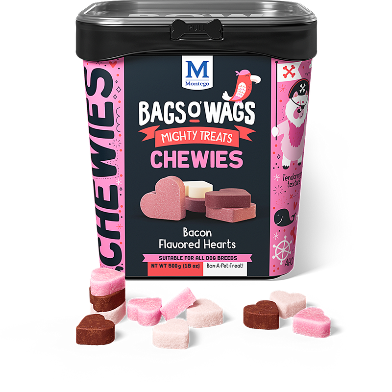 Bags O' Wags Chewies:  Bacon Flavored Hearts